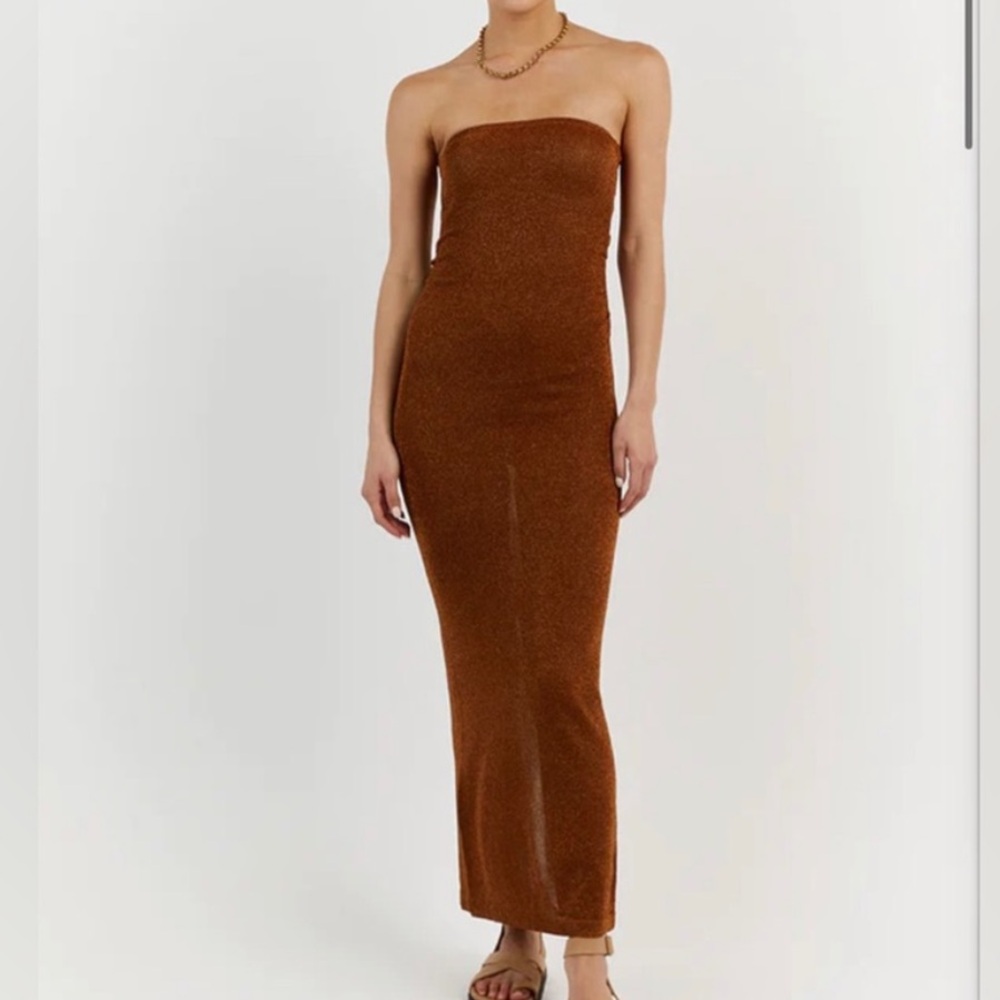 DISSH Nico Bronze Metallic Strapless Midi Dress sz L